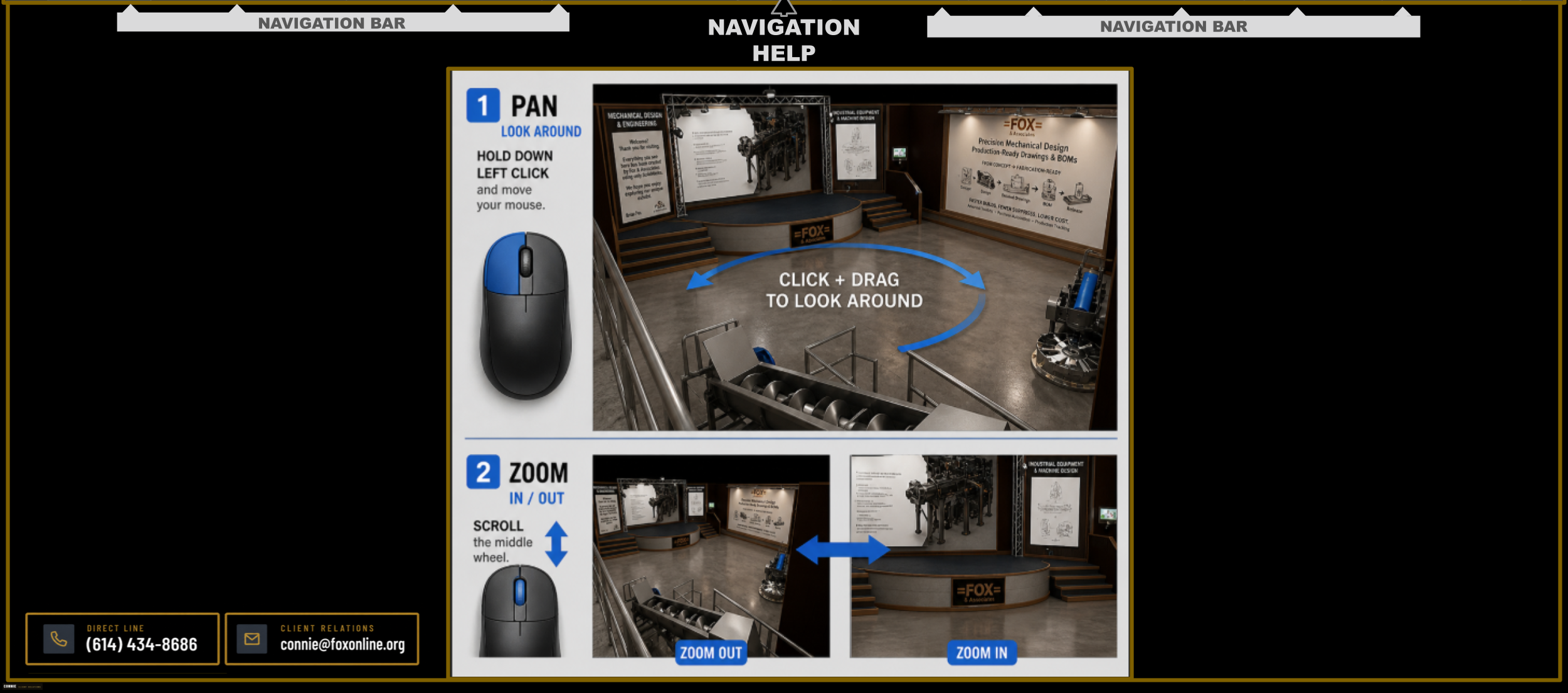 Fox & Associates virtual exhibit orientation screen showing pan, zoom, and navigation instructions for the 3D room website.